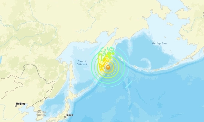 Vị trí tâm chấn trận động đất ngoài khơi bờ biển vùng Viễn Đông Nga ngày 30/7. Đồ họa: USGS