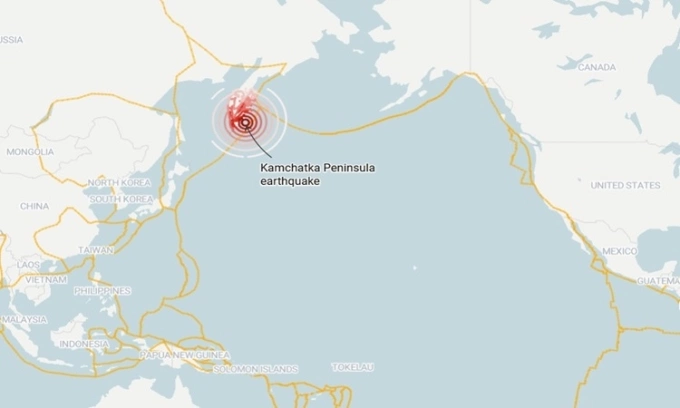 Vị trí trận động đất ngoài khơi Nga. Ảnh:USGS