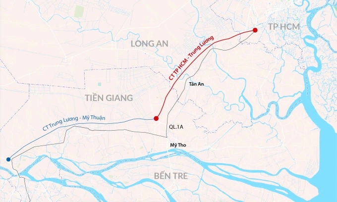Hướng tuyến cao tốc TP HCM - Trung Lương nối miền Tây. Đồ họa:Đăng Hiếu
