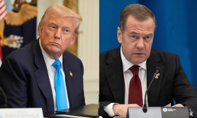 Tổng thống Mỹ Donald Trump (trái) và Phó chủ tịch Hội đồng An ninh Nga Dmitry Medvedev. Ảnh: AP