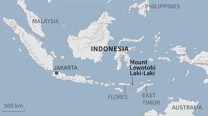Vị trí núi lửa Lewotobi Laki Laki ở Indonesia. Đồ họa:AFP