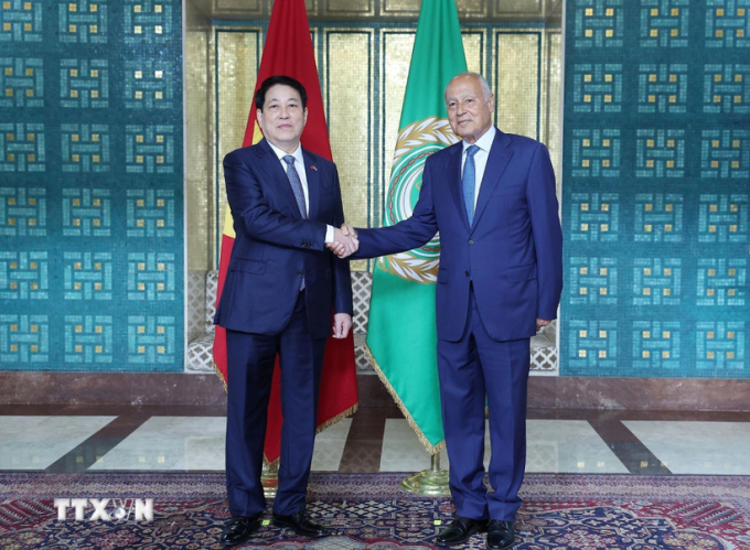 Chủ tịch nước Lương Cường và Tổng Thư ký Liên đoàn Arab Ahmed Aboul Gheit trong cuộc gặp ngày 4/8. Ảnh: TTXVN