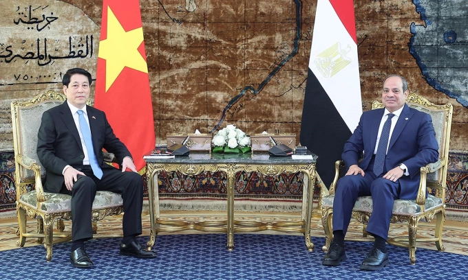 Chủ tịch nước Lương Cường và Tổng thống Abdel Fattah Al Sisi tại cuộc hội đàm hẹp ngày 5/8. Ảnh: TTXVN