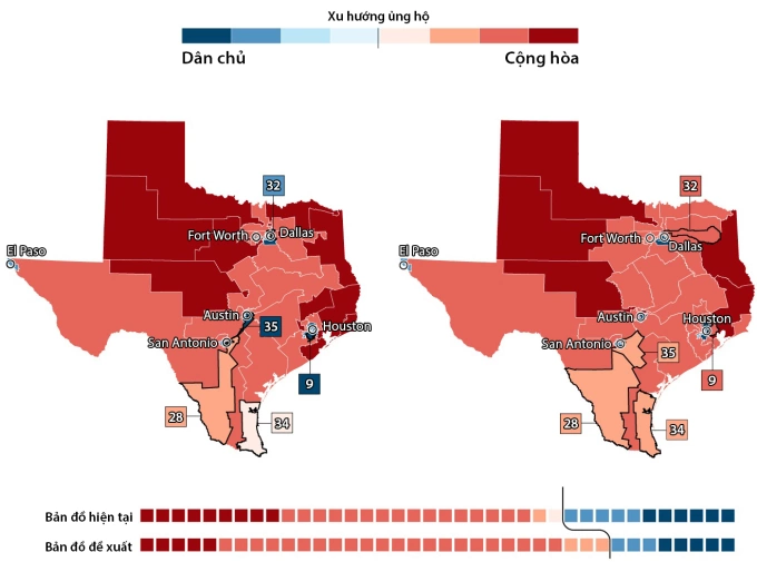 Bản đồ bầu cử bang Texas hiện tại và theo đề xuất của các nghị sĩ Cộng hòa. Đồ họa: CNN