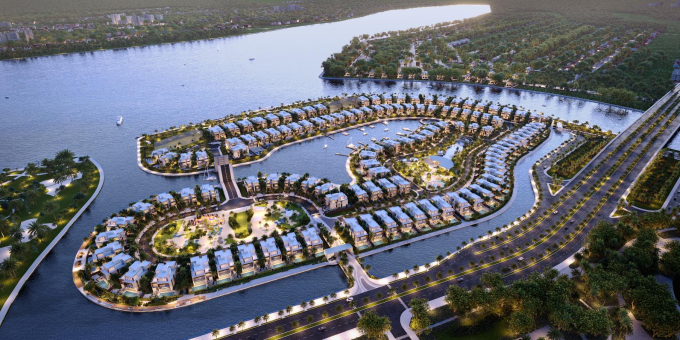 Toàn cảnh khu dinh thự The Rivus tại vị trí bao bọc bởi dòng nước. Ảnh: MH