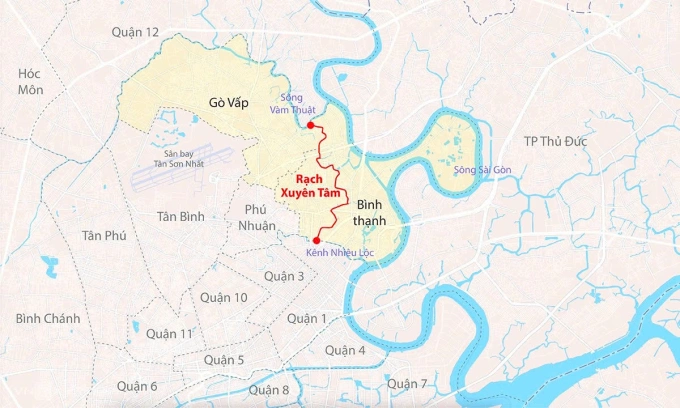 Hướng tuyến rạch Xuyên Tâm chảy qua Bình Thạnh và Gò Vấp (cũ). Đồ họa: Đăng Hiếu