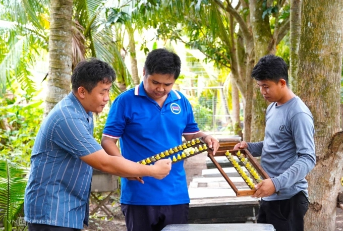 Anh Tùng cùng đội ngũ kỹ thuật kiểm tra thang di trùng trong mô hình nuôi ong đa tầng. Ảnh: An Minh