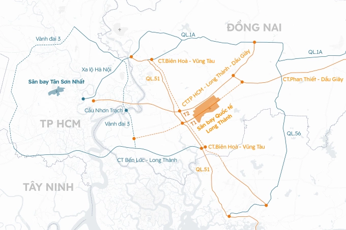 Những tuyến đường giúp kết nối khu vực TP HCM với sân bay Long Thành. Đồ họa: Khánh Hoàng