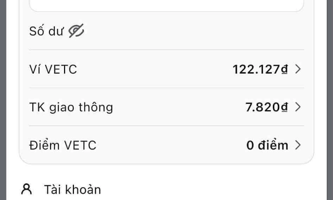 Tài khoản thu phí (ví VETC) và tài khoản giao thông trong ứng dụng VETC. Ảnh chụp màn hình