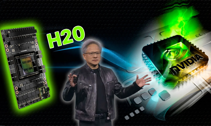 CEO Jensen Huang và chip H20 của Nvidia. Ảnh: Techi/Nvidia