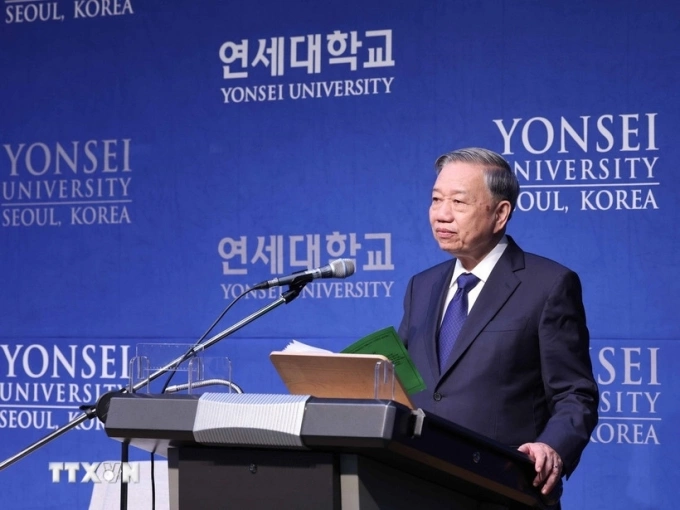 Tổng Bí thư Tô Lâm phát biểu chính sách tại Đại học Yonsei. Ảnh: TTXVN
