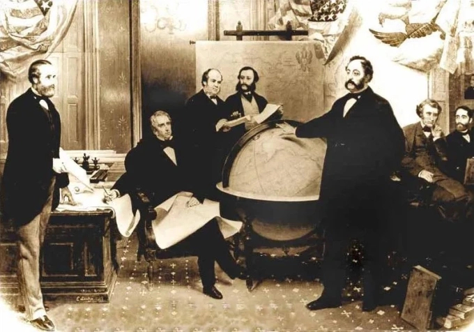 Buổi ký kết hiệp ước nhượng Alaska giữa quan chức Nga và Mỹ ngày 30/3/1867. Ảnh: Britannica