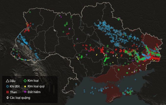 Vị trí khu vực có tài nguyên khoáng sản ở Ukraine. Vùng màu đỏ là nơi Nga đang kiểm soát. Đồ họa: United Media 24