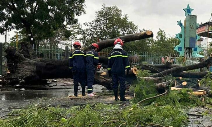 Lực lượng chức năng dọn dẹp cây xanh đổ ngã trên đường Trần Hưng Đạo. Ảnh: An Minh