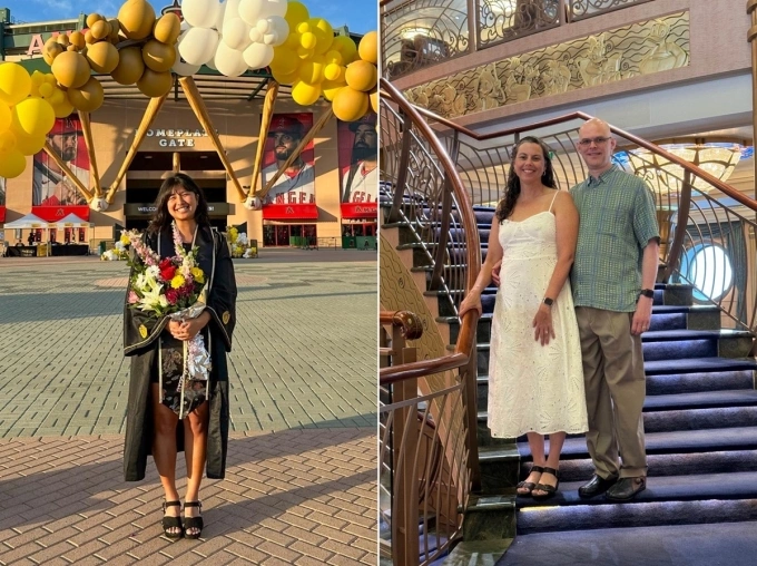 Ảnh trái, Grace Ahn trong lễ tốt nghiệp tại Đại học California State, Long Beach. Ảnh phải, Craig Allen và vợ trên một chuyến du thuyền vào mùa hè năm 2024. Ảnh: WSJ