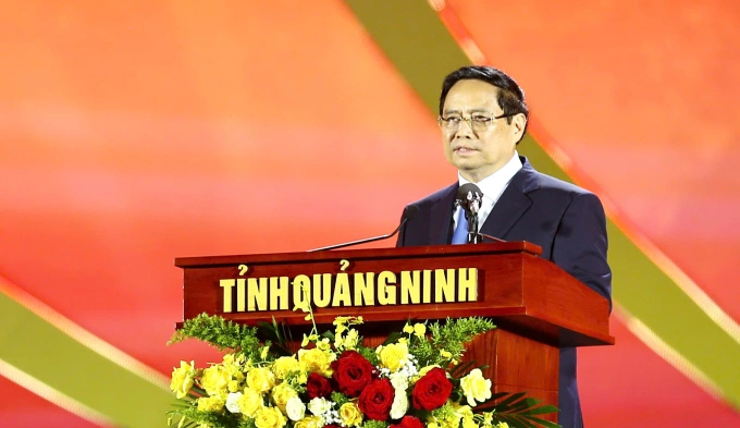 Thủ tướng Phạm Minh Chính phát biểu tại lễ công bố giá trị nổi bật toàn cầu Quần thể di tích và danh thắng Yên Tử - Vĩnh Nghiêm - Côn Sơn, Kiếp Bạc. Ảnh: Lê Tân