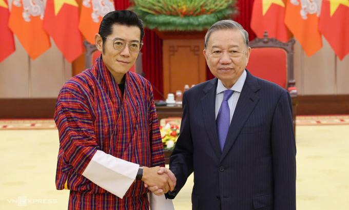 Tổng Bí thư Tô Lâm và Quốc vương Bhutan Jigme Khesar Namgyel Wangchuck trong buổi tiếp ngày 19/8. Ảnh: Giang Huy
