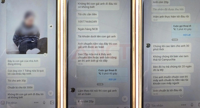 Tin nhắn của nhóm bắt cóc online yêu cầu cha nạn nhân nộp 300 triệu đồng tiền chuộc con. Ảnh: Công an cung cấp
