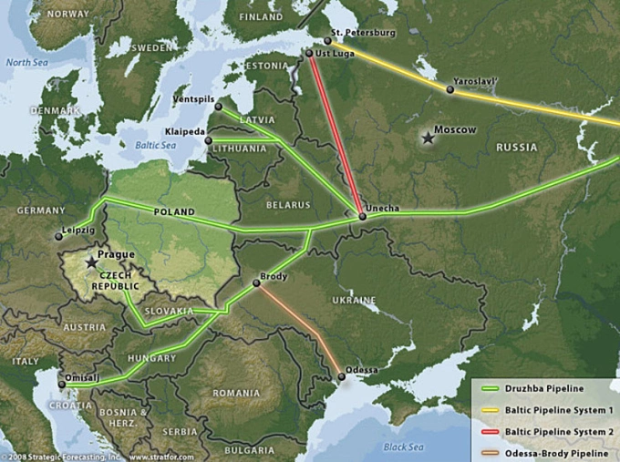 Vị trí đường ống dẫn dầu Druzhba (màu xanh lá cây) từ Nga qua Ukraine tới Hungary và Solvakia. Đồ họa: Aspenia Online.