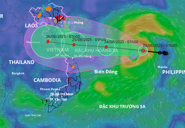 Dự báo hướng đi và vùng ảnh hưởng của áp thấp nhiệt đới. Ảnh: Hệ thống giám sát thiên tai