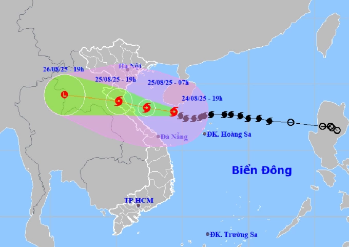 Dự báo đường đi và khu vực ảnh hưởng của bão lúc 19h ngày 24/8. Ảnh: NCHMF