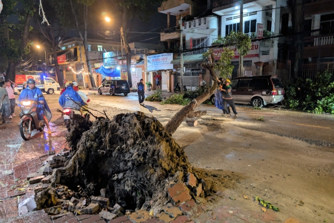 Mặt đường đoạn cây bị bật gốc đang được sửa chữa. Ảnh: Trường Hà