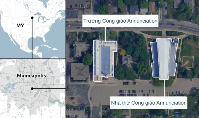 Vị trí trường, nhà thờ Công giáo Annuciation ở thành phố Minneapolis, bang Minnesota, Mỹ. Đồ họa: BBC
