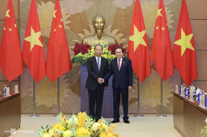 Chủ tịch Quốc hội Trần Thanh Mẫn đón lãnh đạo Quốc hội Trung Quốc Triệu Lạc Tế ngày 31/8. Ảnh: TTXVN