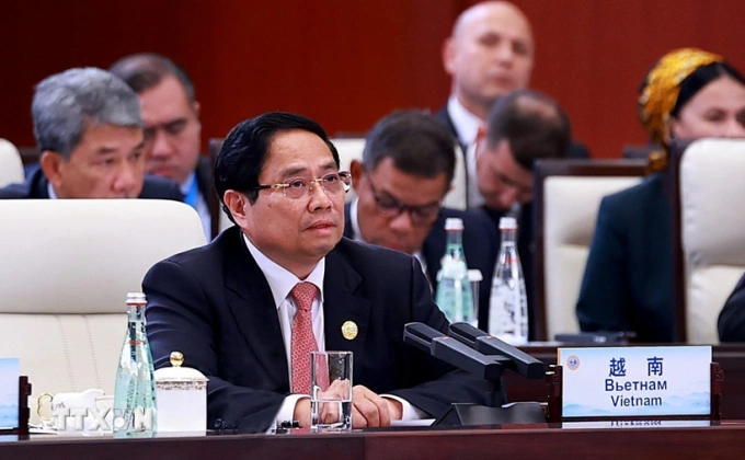 Thủ tướng Phạm Minh Chính phát biểu tại hội nghị thượng đỉnh Tổ chức Hợp tác Thượng Hải 2025 mở rộng (SCO +) ngày 1/9. Ảnh: TTXVN