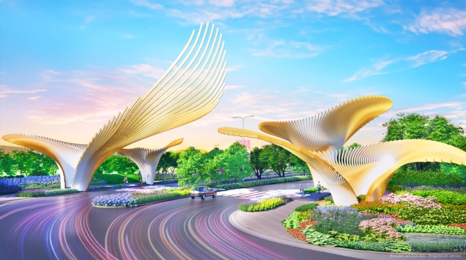 Phối cảnh cổng vào Hồng Hạc City với ý tưởng những đôi cánh vươn lên bầu trời. Ảnh: Phú Mỹ Hưng