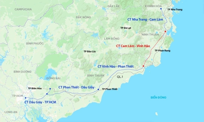 Hướng tuyến cao tốc Vĩnh Hảo - Phan Thiết. Đồ họa: Đăng Hiếu