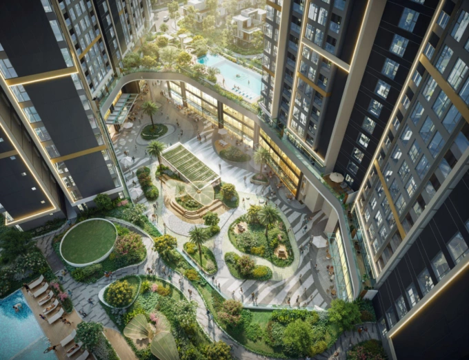 Tầm nhìn xuống cảnh quan nội khu đa chiều từ Tower A, dự án Masteri Rivera Danang. Ảnh: Masterise Homes