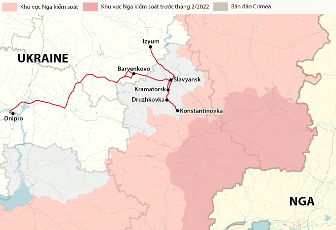 Tuyến đường nối một số đô thị tại tỉnh Donetsk, Kharkov và Dnipropetrovsk (màu đỏ). Đồ họa: RYV