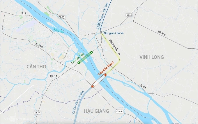 Hướng tuyến cầu Cần Thơ 2. Đồ hoạ :Đăng Hiếu