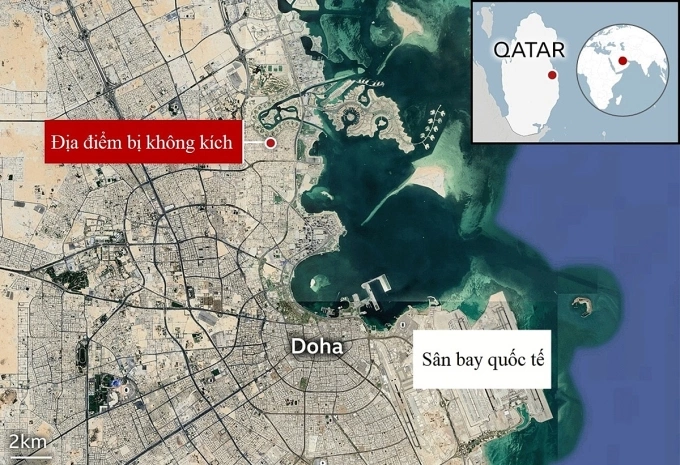 Vị trí khu vực bị không kích ở thủ đô Doha, Qatar, ngày 9/9. Đồ họa: BBC