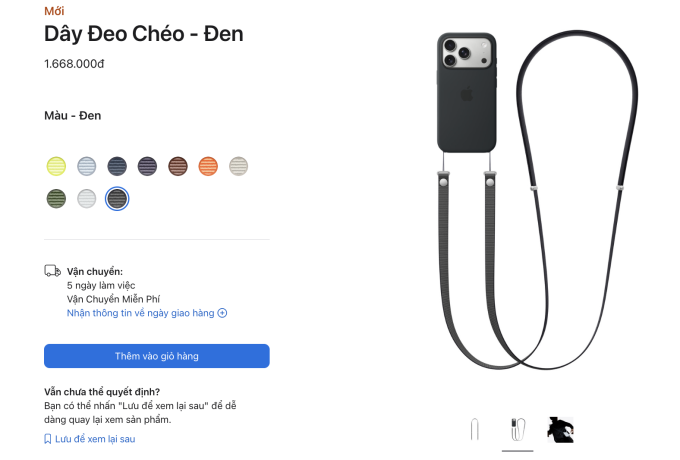 Dây đeo chéo cho iPhone và các tùy chọn màu sắc trên website bán hàng Apple.