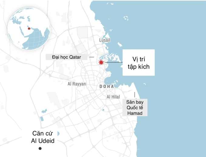 Vị trí vụ tập kích tại Doha và căn cứ không quân Al Udeid của Qatar. Đồ họa: Telegraph