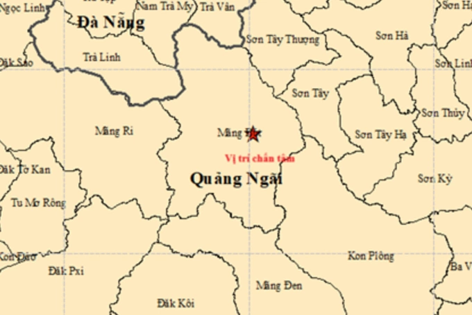 Vị trí tâm chấn tại xã Măng Bút. Ảnh: Viện Vật lý địa cầu