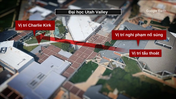 Sơ đồ góc khuôn viên Đại học Utah Valley nơi Charlie Kirk bị ám sát khi đang diễn thuyết. Đồ họa: GGE