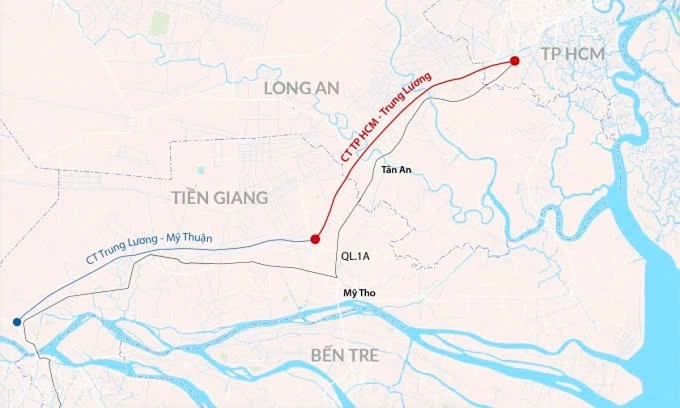 Hướng tuyến cao tốc TP HCM - Trung Lương - Mỹ Thuận. Đồ họa: Đăng Hiếu