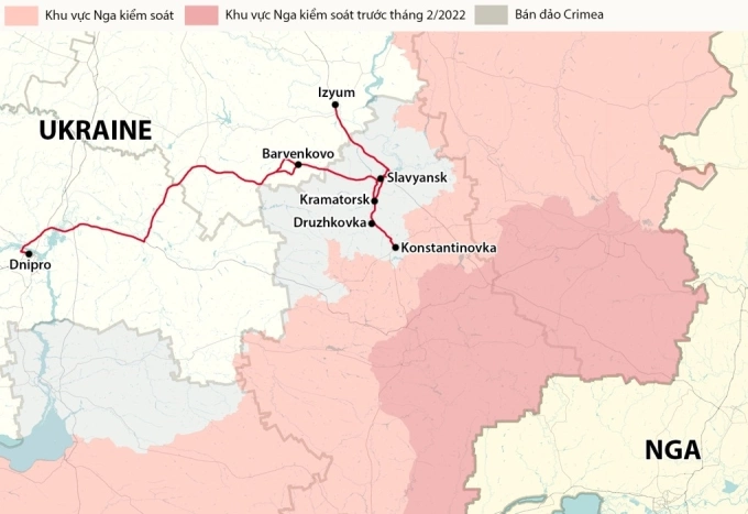 Tuyến đường nối một số đô thị tại tỉnh Donetsk, Kharkov và Dnipropetrovsk (màu đỏ). Đồ họa: RYV