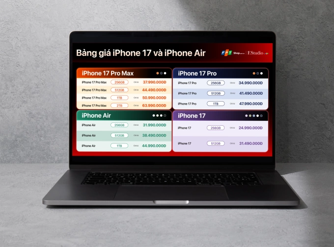 Bảng giá iPhone 17 và iPhone Air tại hệ thống FPT Shop và F.Studio by FPT. Ảnh: FPT Shop