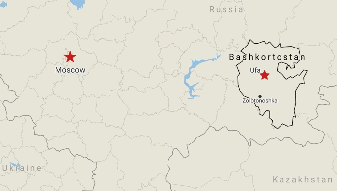 Vị trí thành phố Ufa ở vùng Bashkortostan, miền trung Nga. Đồ họa: Moscow Times