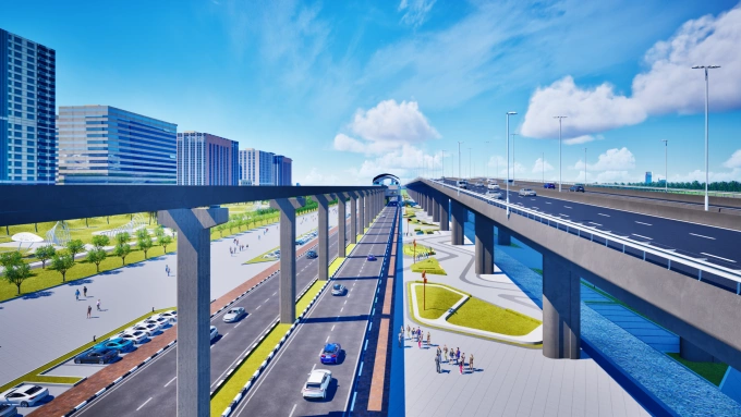 Phối cảnh tuyến monorail đi trên cao bên cạnh đại lộ cảnh quan sông Hồng.