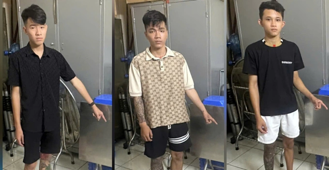 Mai Anh Kiệt (trái sang), Hà Kim Bảo và Nguyễn Tuấn Hùng tại cơ quan điều tra. Ảnh: Công an cung cấp