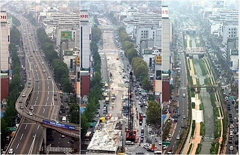 Quá trình phá dỡ đường cao tốc trên cao, khôi phục suối Cheonggye. Ngày nay du khách đi bộ dọc con suối vẫn có thể gặp vài chiếc cột chống còn lại của đường cao tốc trên cao. Ảnh: Koreabridge.