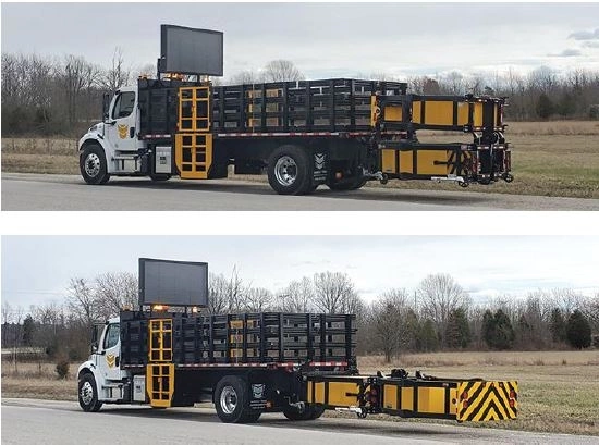Xe shadow vehicle tại Mỹ với bản điện hiện cảnh báo, và thiết bị giảm chấn Truck Mounted Attenuator có thể xếp gọn ở phía sau. Ảnh: Site-Safe