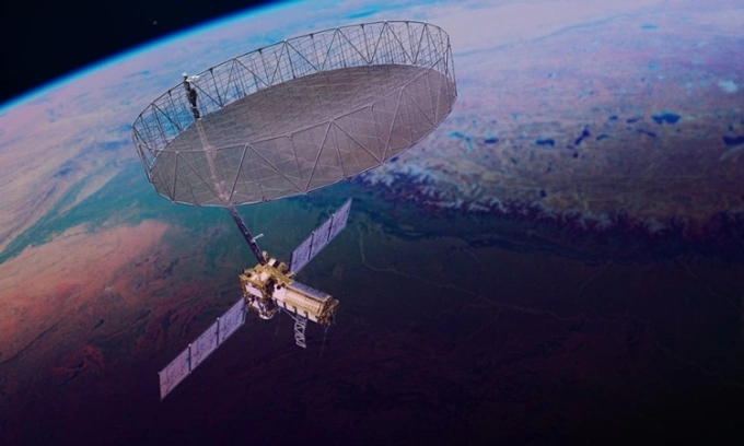 Mô phỏng vệ tinh NISAR hoạt động với ăng-ten trải rộng trên quỹ đạo. Ảnh: NASA