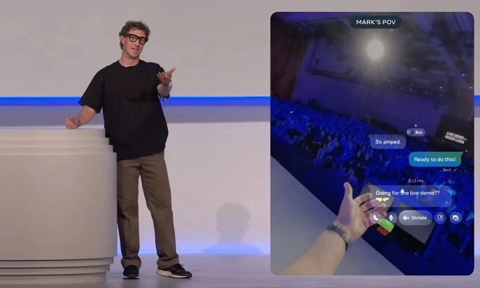 Mark Zuckerberg giới thiệu kính thông minh Meta Ray-Ban Display và vòng đeo cổ tay mới tại hội nghị Meta Connect 2025 ở Menlo Park, California, hôm 17/9. Ảnh: Meta