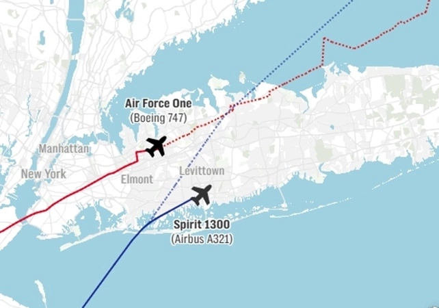 Đường bay của Không lực Một và chiếc máy bay của hãng hàng không Spirit Airlines hôm 16/9. Đồ họa: Telegraph
